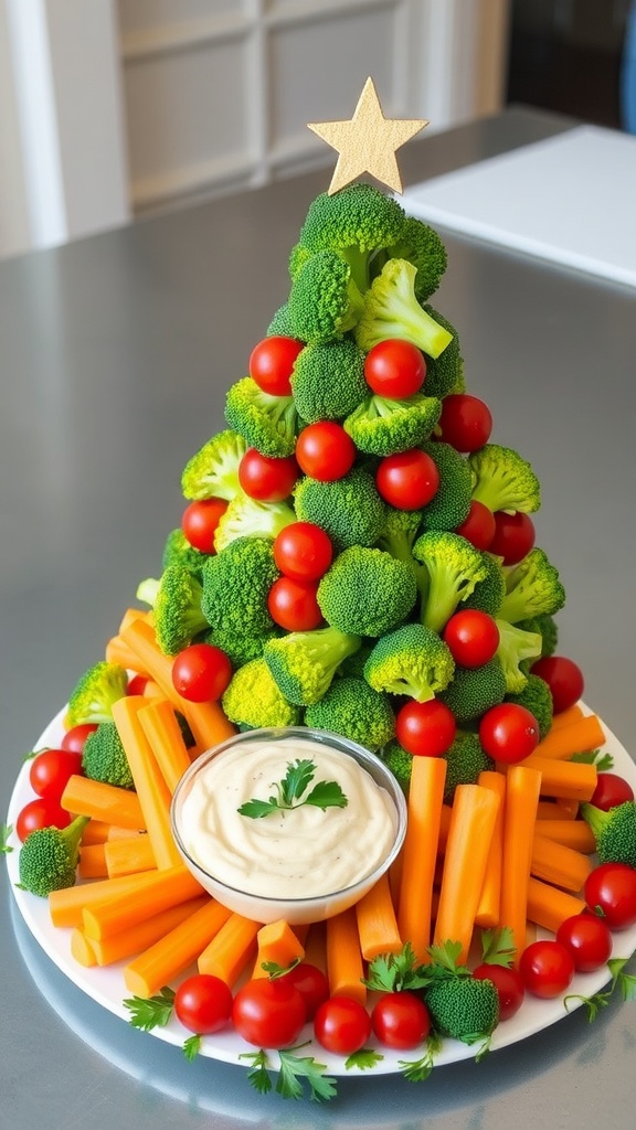 Colorful Christmas tree veggie platter with broccoli, carrots, tomatoes, and dip, garnished with parsley.